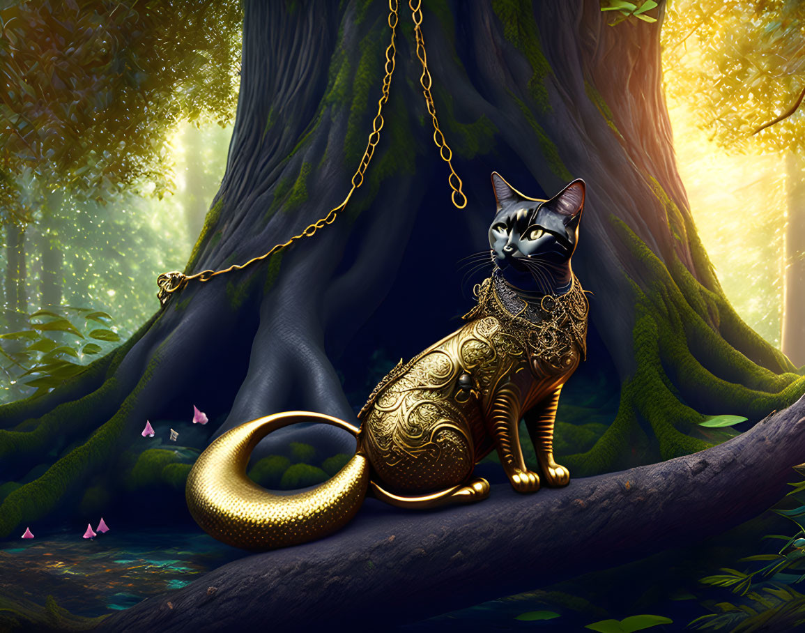 Black and Gold Cat with Ornate Patterns in Mystical Forest Scene