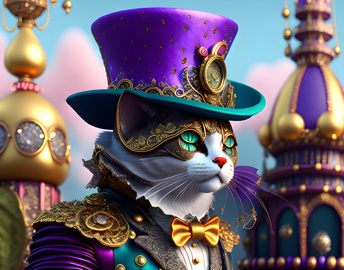 Regal cat in purple top hat and coat against Eastern background