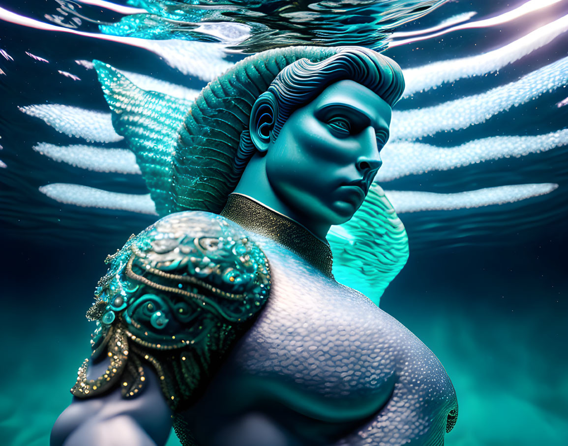 3D-rendered blue-skinned figure in underwater scene with fish-like features and elaborate armor.