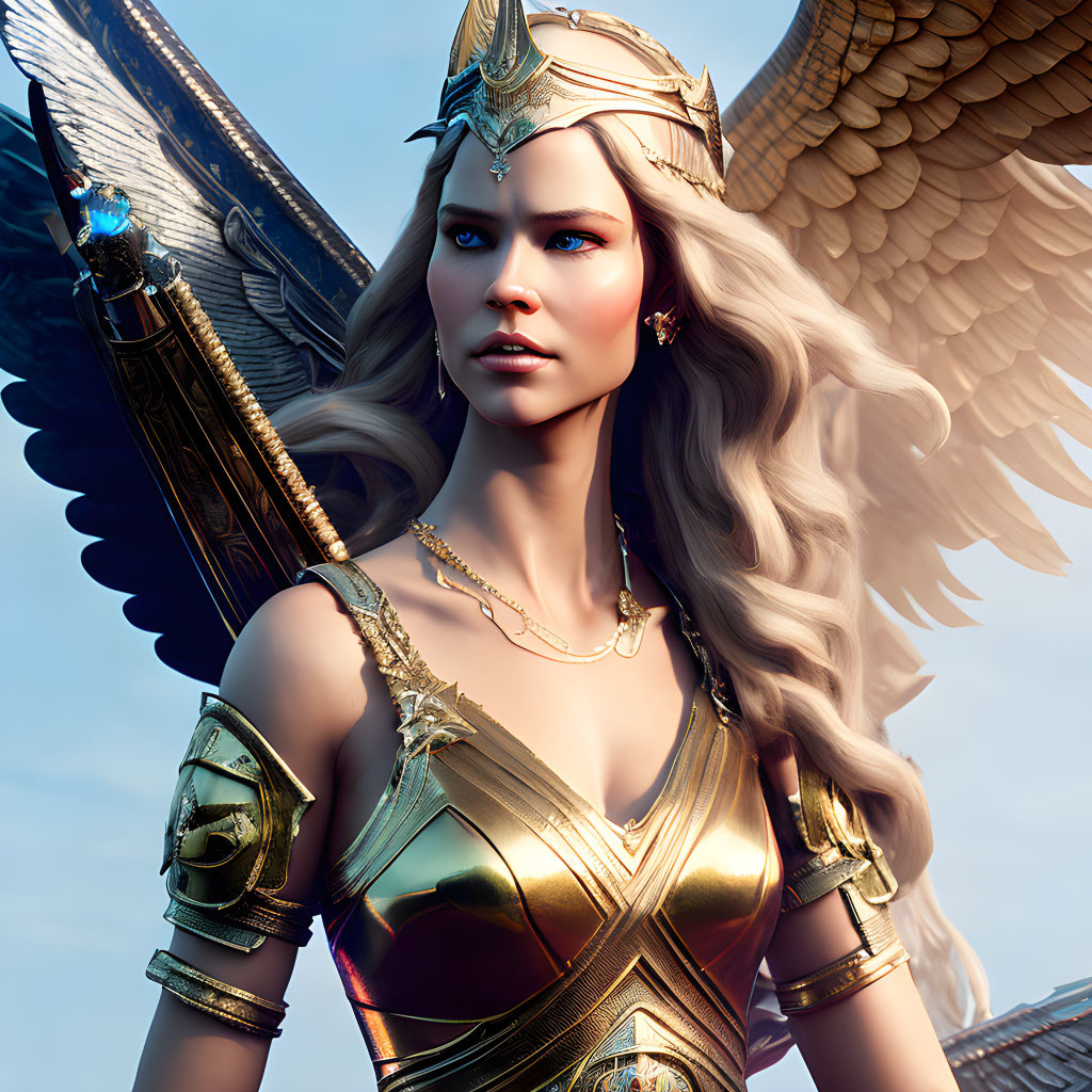 Female warrior digital art portrait with golden armor and winged helmet, accompanied by majestic eagle in blue sky