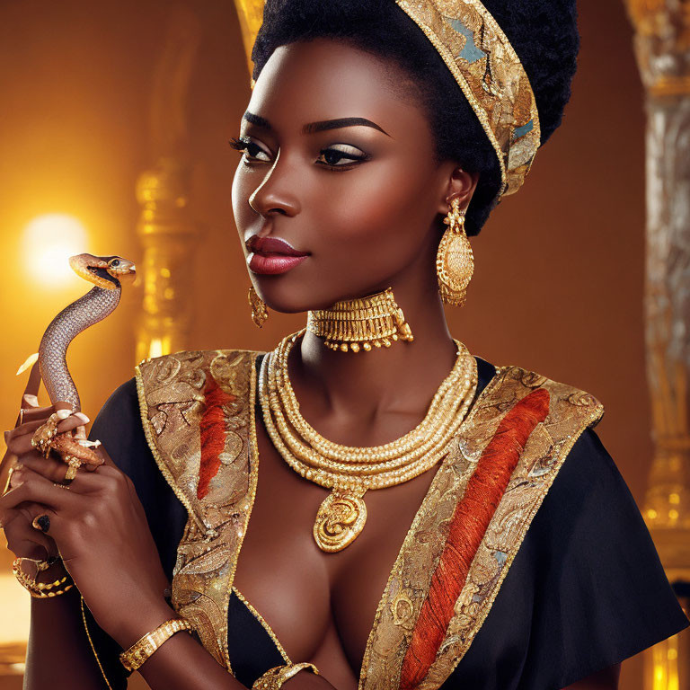 Regal woman with golden jewelry holding a snake on luxurious backdrop