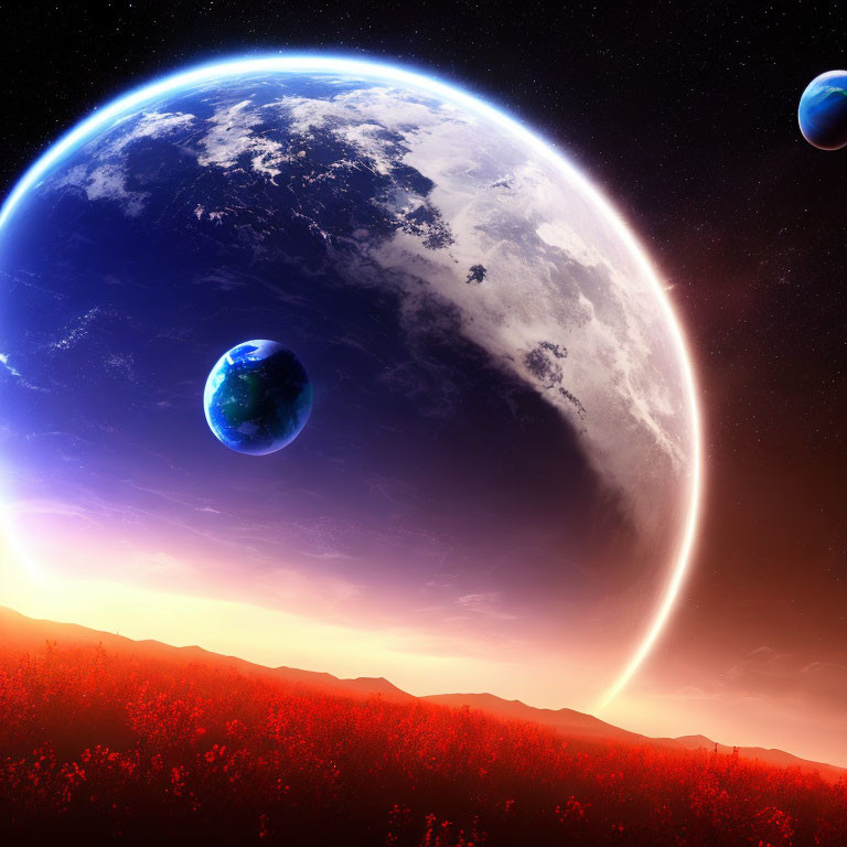 Colorful sci-fi landscape with multiple planets and starry sky above flower-covered ground