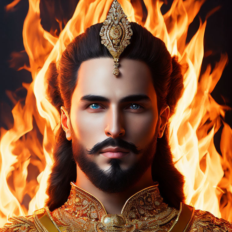 Majestic male figure in ornate attire against fiery backdrop