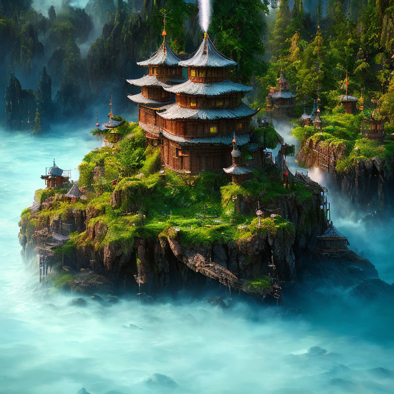 Traditional Asian-style pagodas on lush floating islands with mist and rock formations