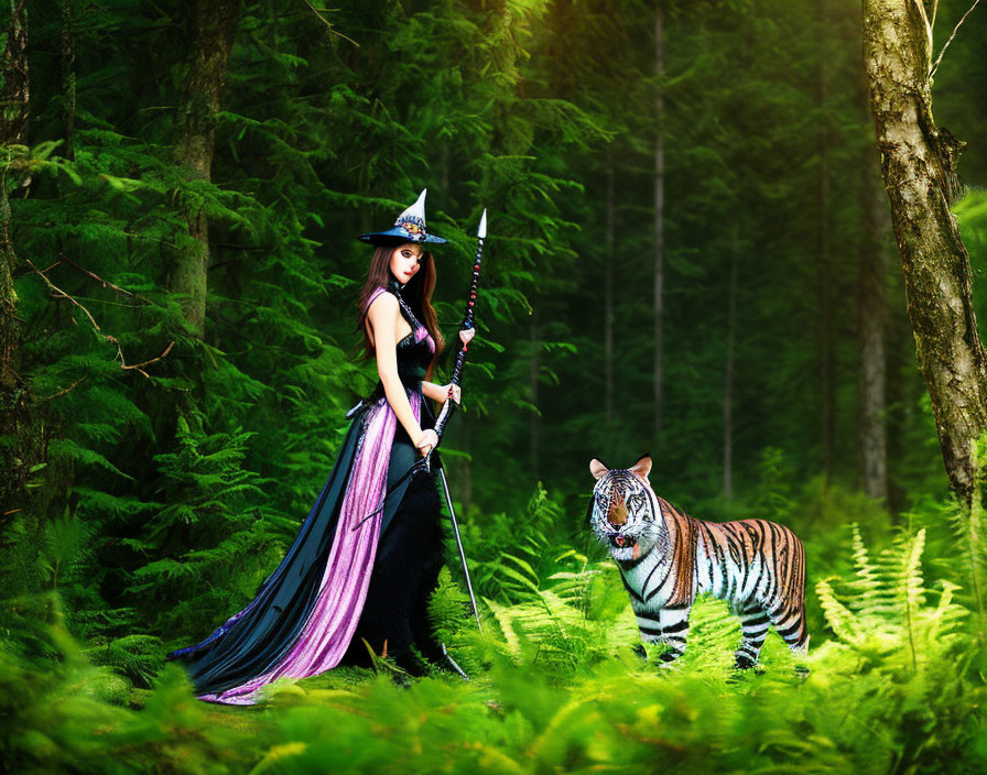 Fantasy witch and mythical tiger in lush forest setting