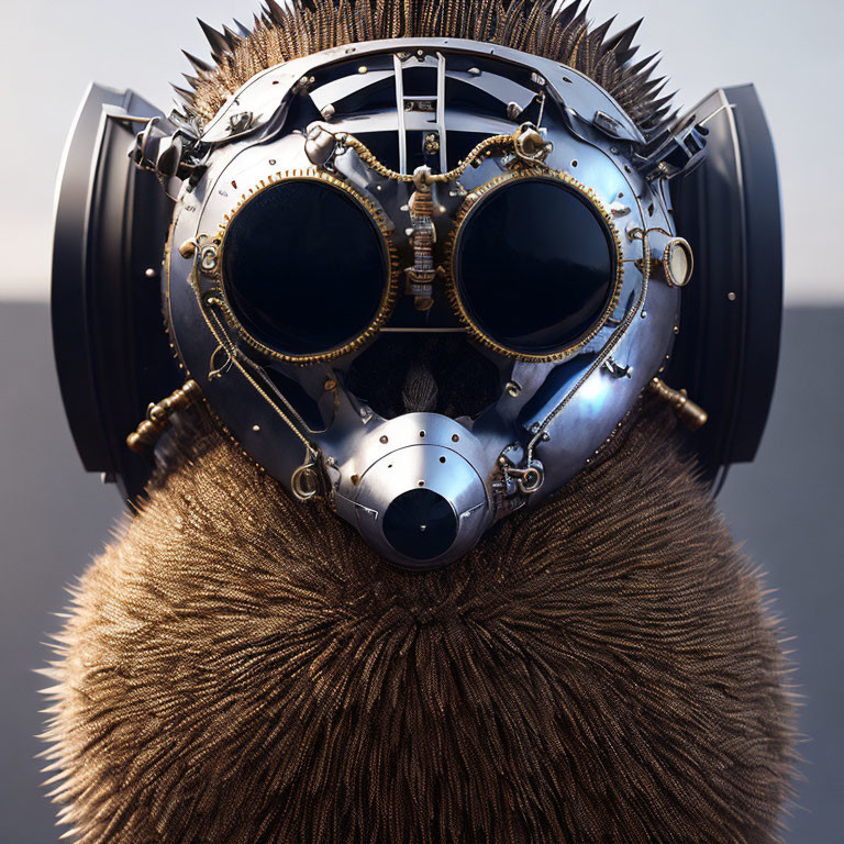 Steampunk-style helmet with round goggles and metalwork.