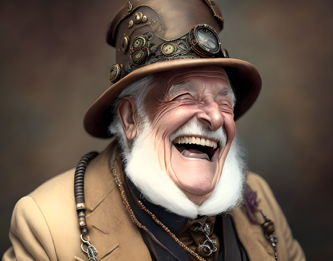 Elderly man with white beard and steampunk goggles laughing on brown backdrop