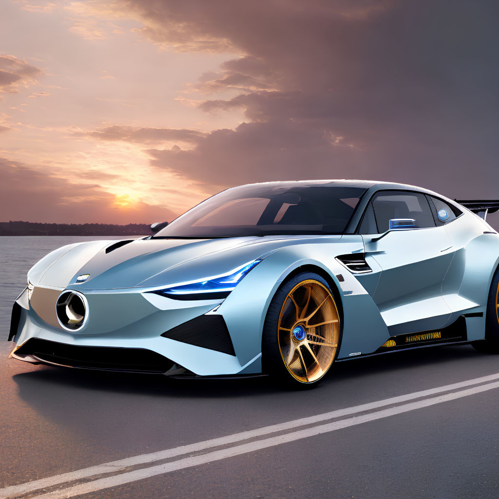 Futuristic Blue Sports Car with Golden Rims in Sunset Setting