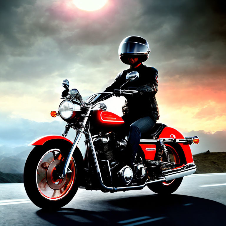 Motorcyclist in Black Attire Riding Classic Red Bike at Sunset