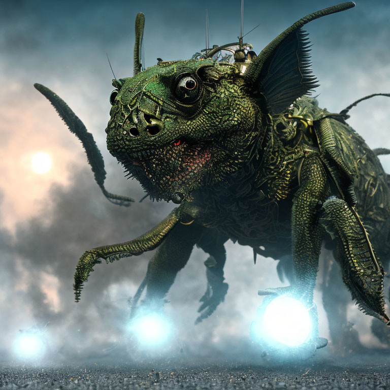 Detailed digital artwork: Giant mechanized grasshopper in post-apocalyptic scene