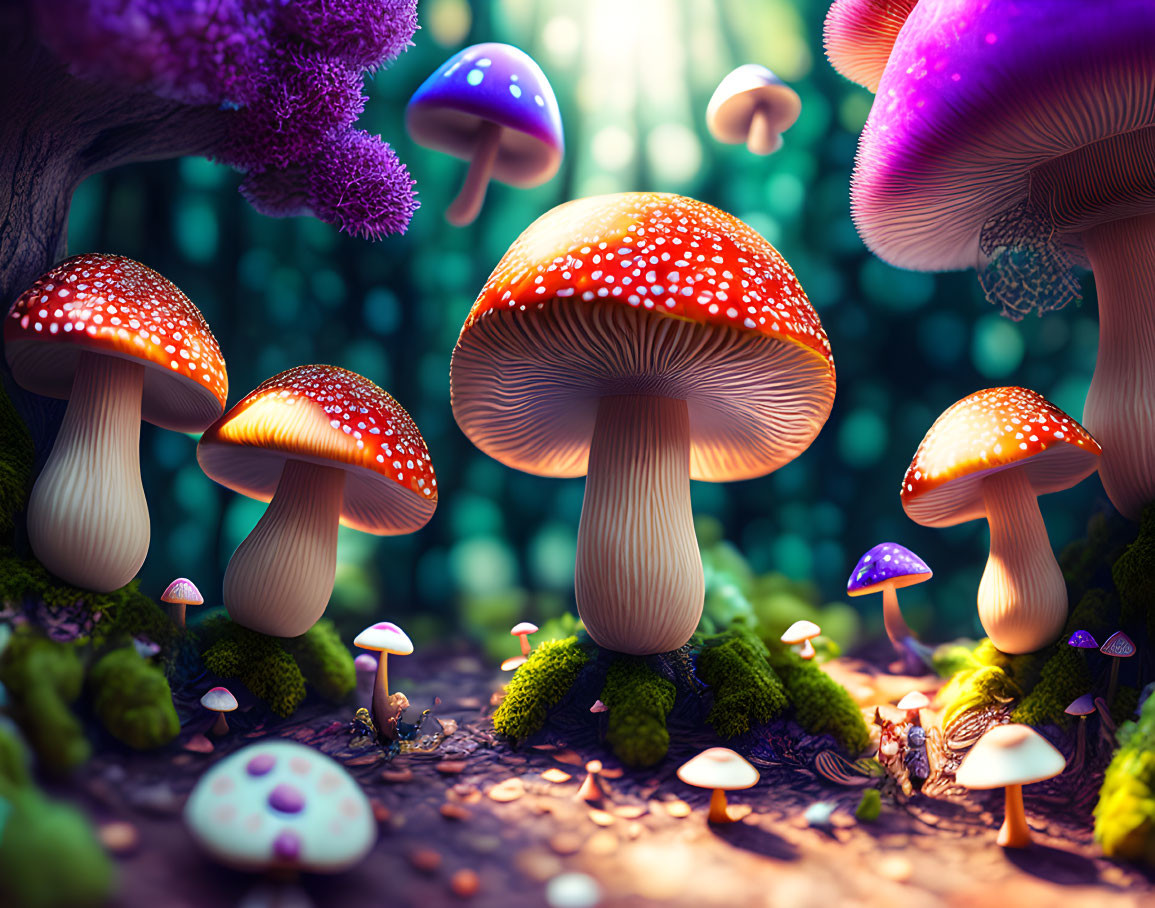 Colorful oversized mushrooms in whimsical forest scene