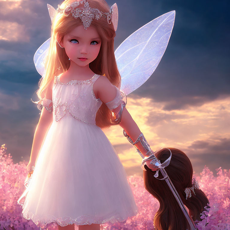 Young fairy girl with translucent wings and sword in pink flower field