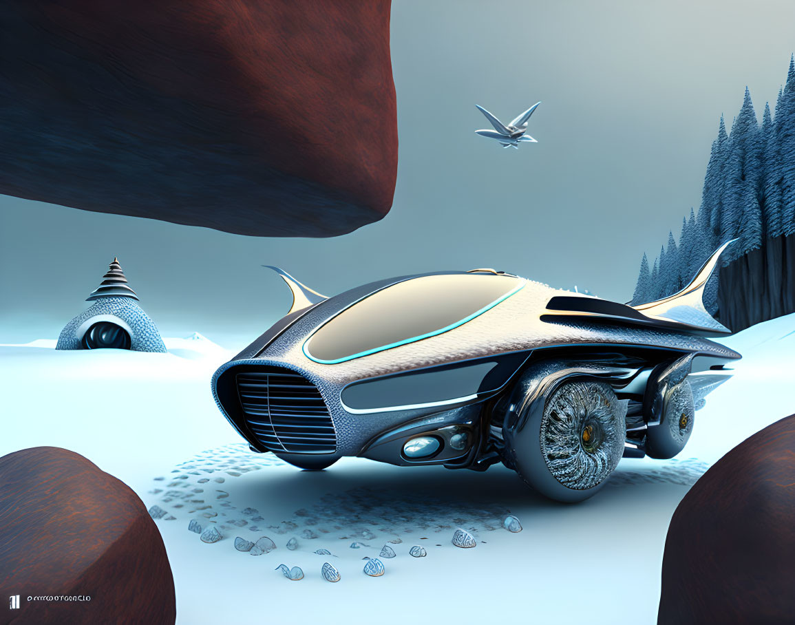 Futuristic vehicle with large wheels in snowy landscape with floating rocks and trees