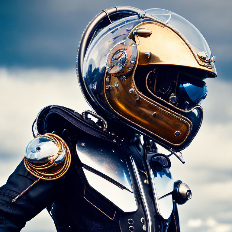 Person in Black Motorcycle Gear with Golden Retro Helmet and Goggles on Blurred Blue Sky Background