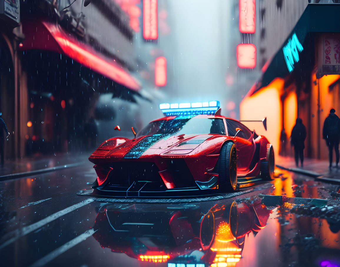 Red sports car on wet urban street at night with blurred pedestrians and neon signs.