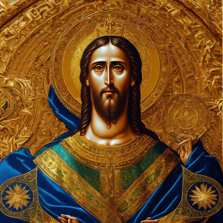 Religious figure with halo in blue and gold robe on golden background