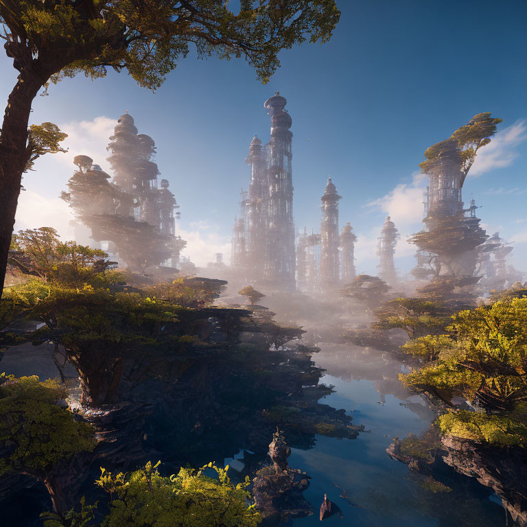 Mystical landscape with towering rock formations and lush greenery