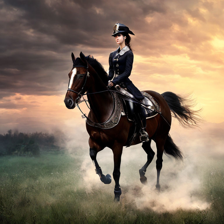 Equestrian in traditional attire riding horse at dusk