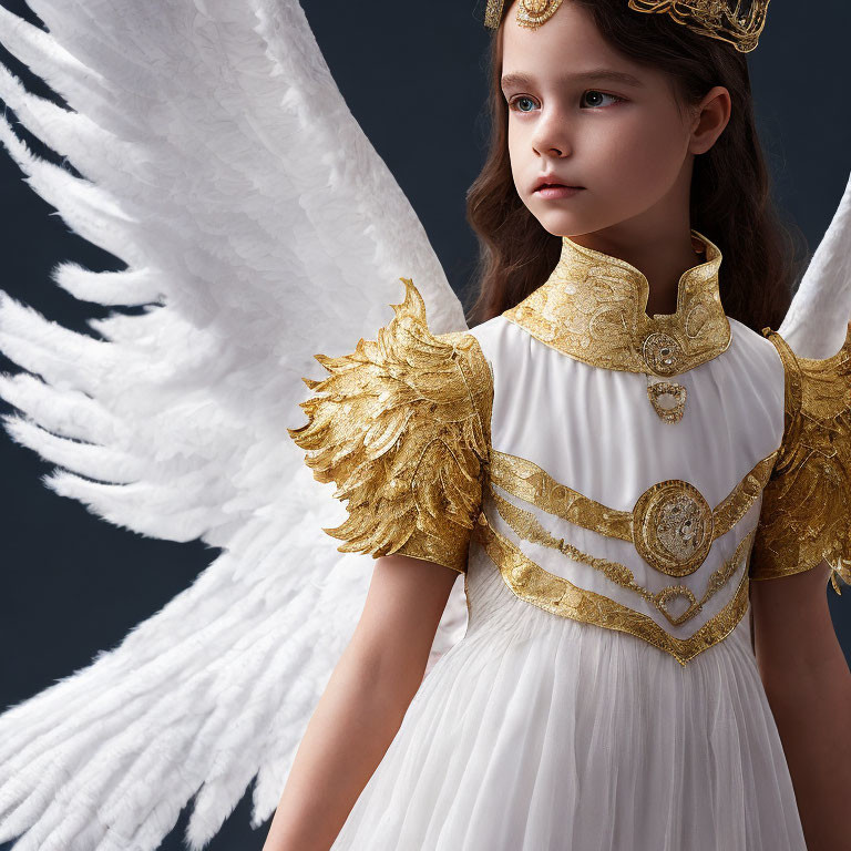 Young Girl in White and Gold Angelic Costume with Feathered Wings on Dark Background
