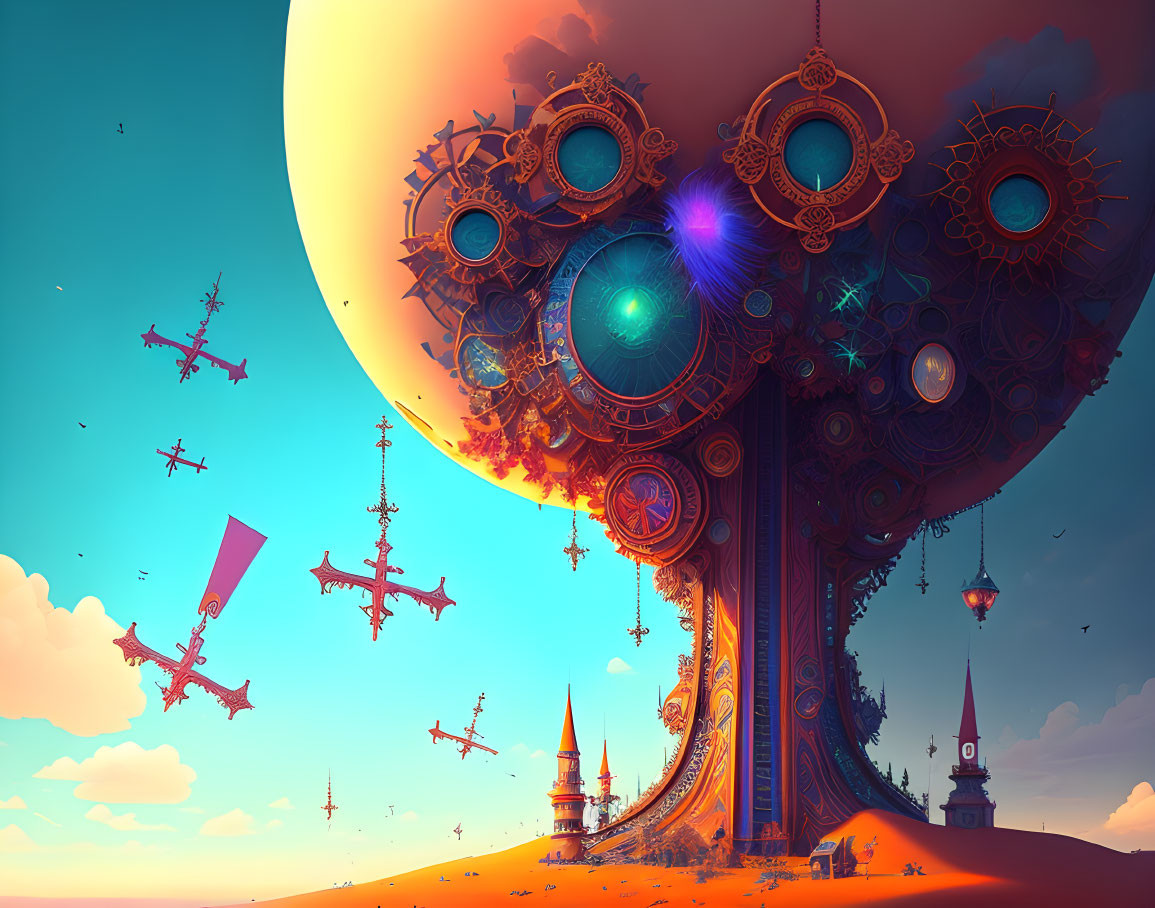 Surreal landscape with mechanical tree, floating islands, and flying machines