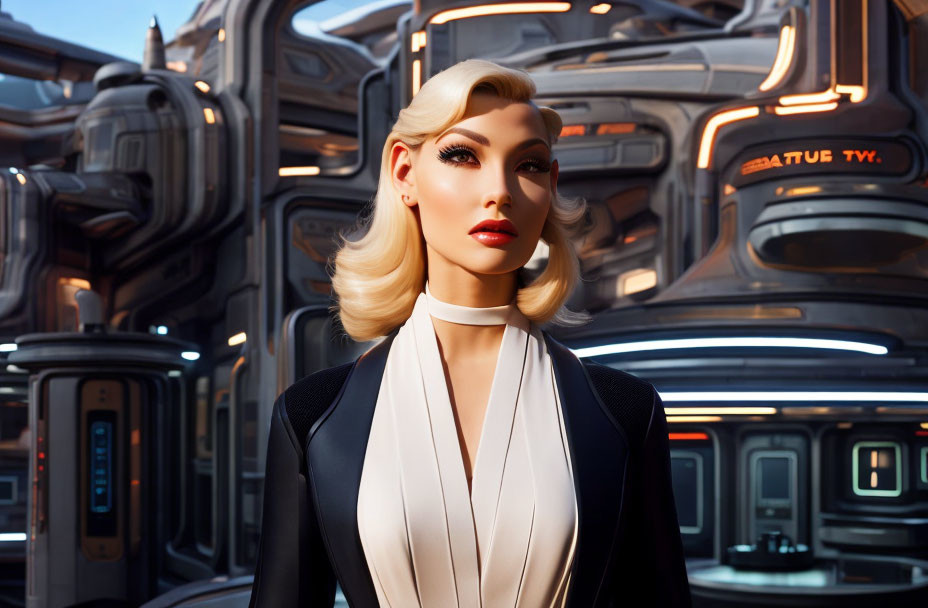 Stylized 3D-rendered woman in retro-futuristic attire with sci-fi backdrop