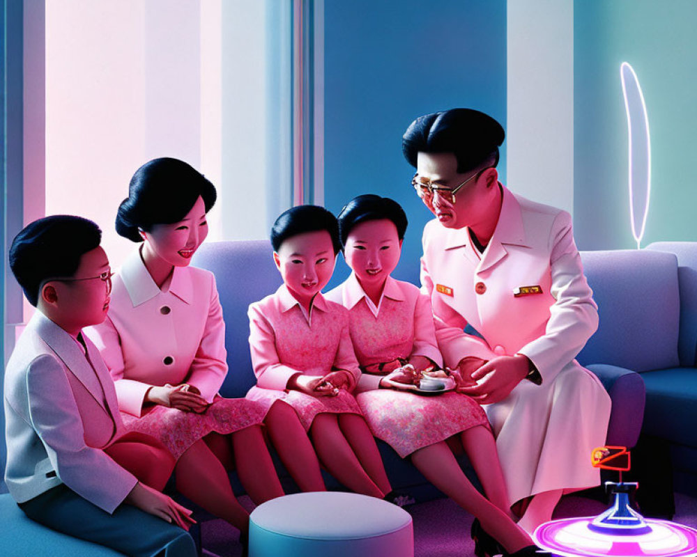 Futuristic family illustration with adults in uniforms and children on couch