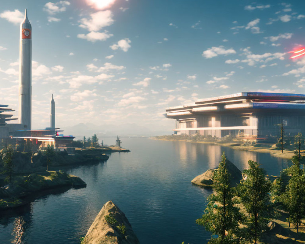 Futuristic cityscape with skyscrapers, greenery, and flying vehicles by a lake