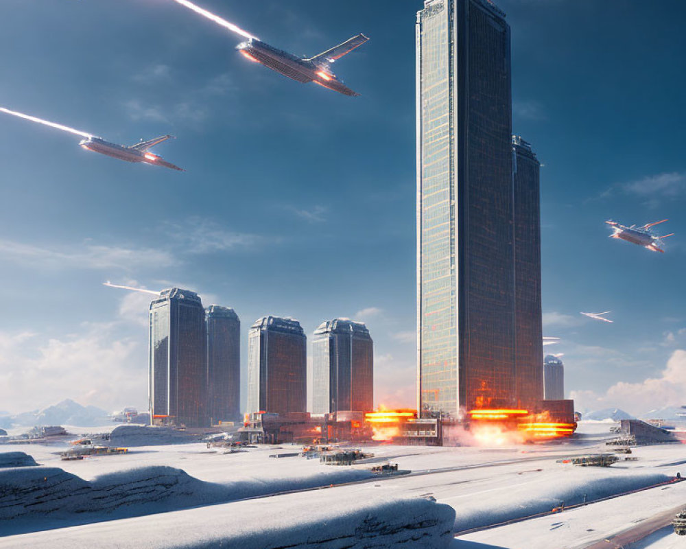 Futuristic skyscraper under siege by flying vehicles in fiery trails