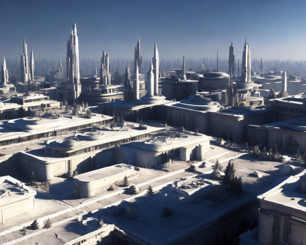 Snow-covered futuristic city with tall skyscrapers under clear blue sky