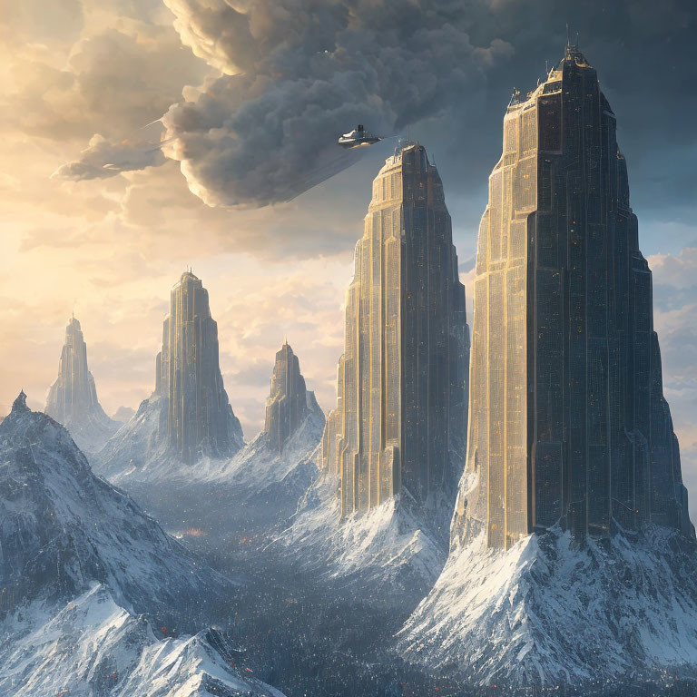 Futuristic cityscape with skyscrapers in snowy mountains under dramatic sky