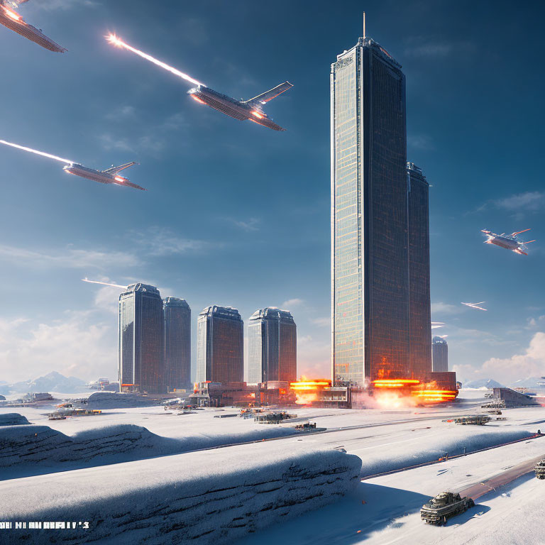 Futuristic skyscraper under siege by flying vehicles in fiery trails