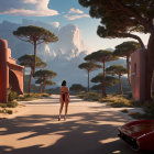 Woman in red outfit walking from classic car towards mountains and retro-futuristic architecture.