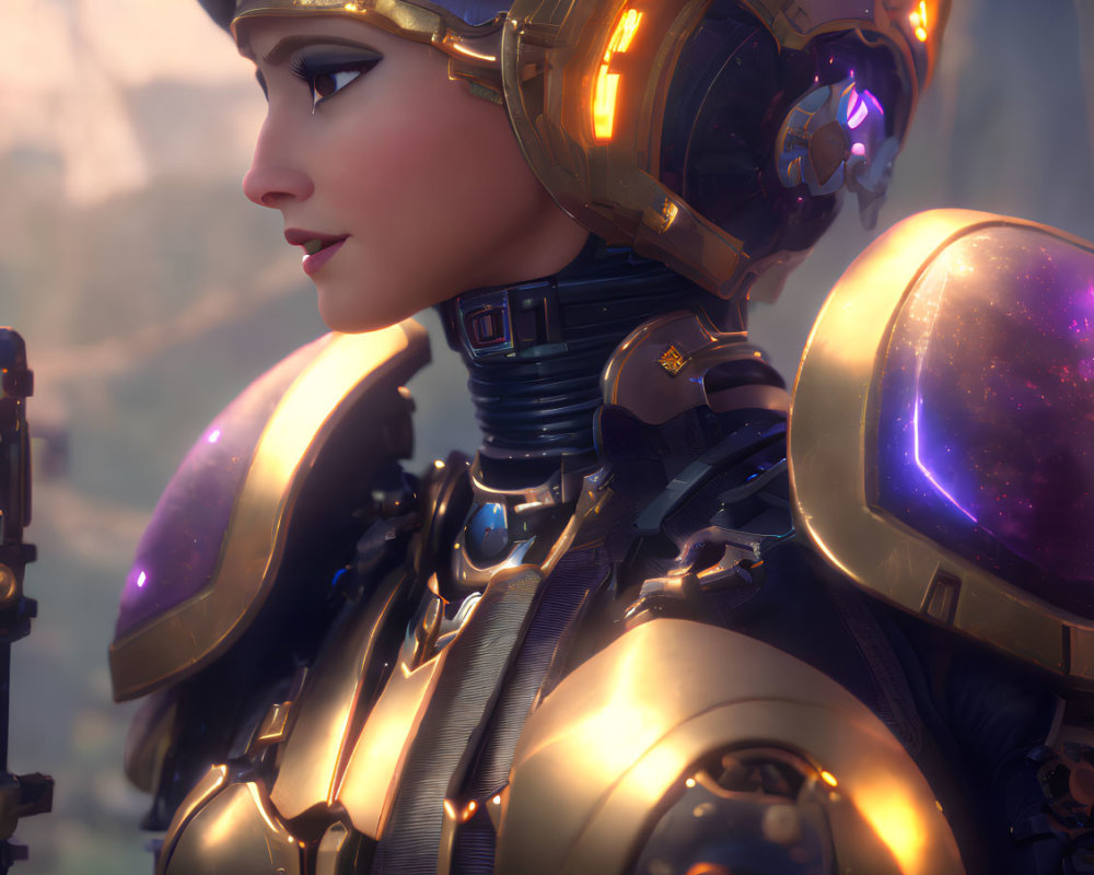 Female character in futuristic armor and helmet with glowing purple accents.
