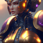 Female character in futuristic armor and helmet with glowing purple accents.