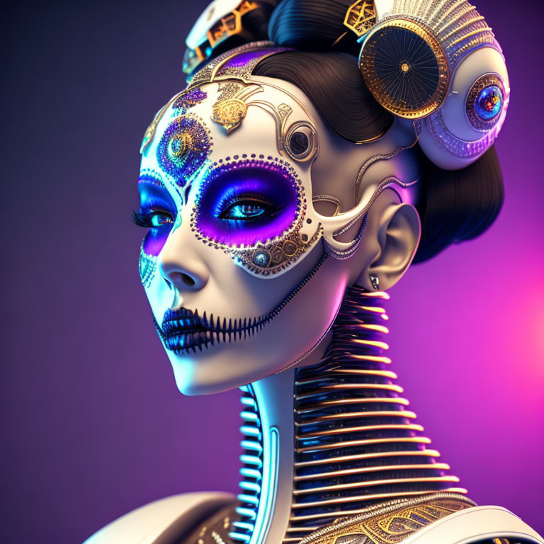 Detailed 3D Female Figure with Mechanical Features and Day of the Dead Face Paint on Purple Background