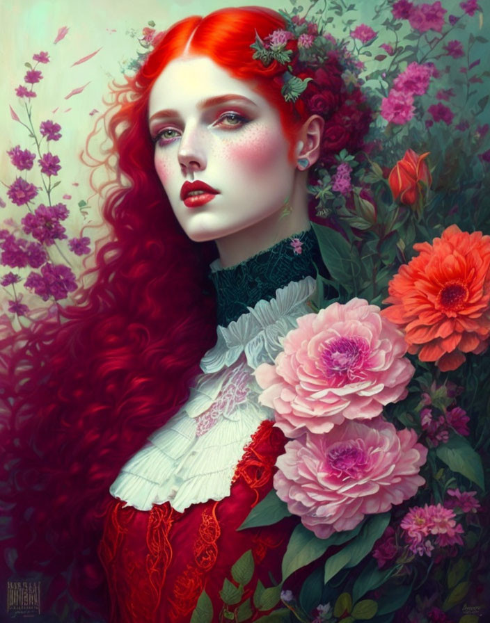 Portrait of a woman with red hair and floral adornments