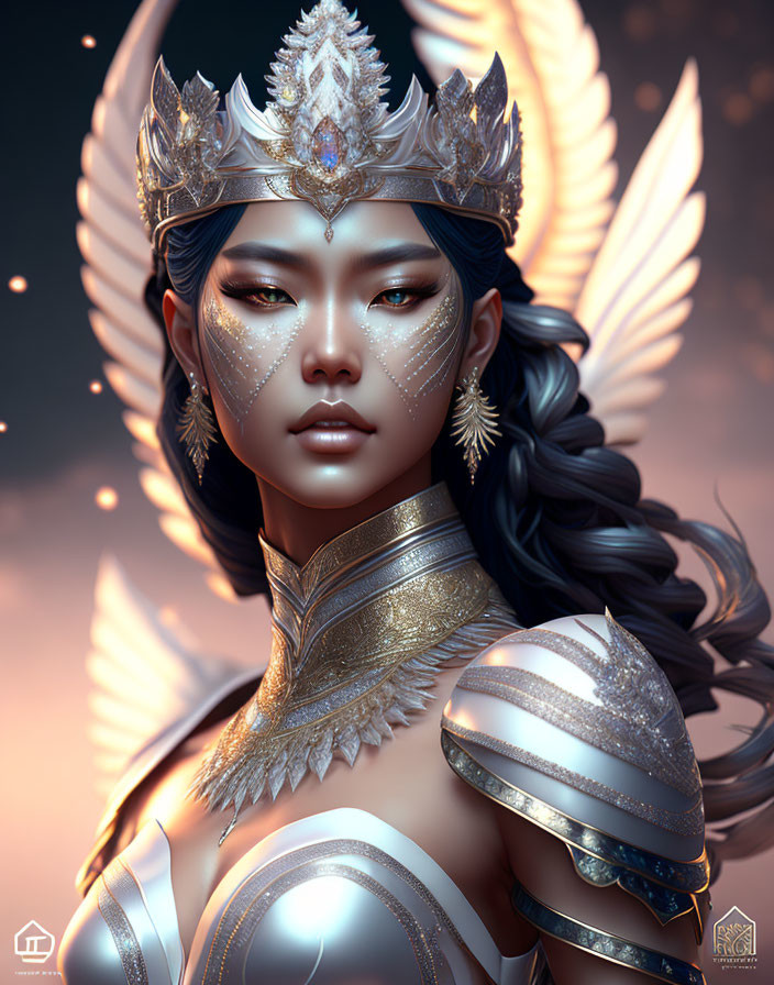 Regal woman with silver crown, ornate armor, and ethereal wings in fantasy style