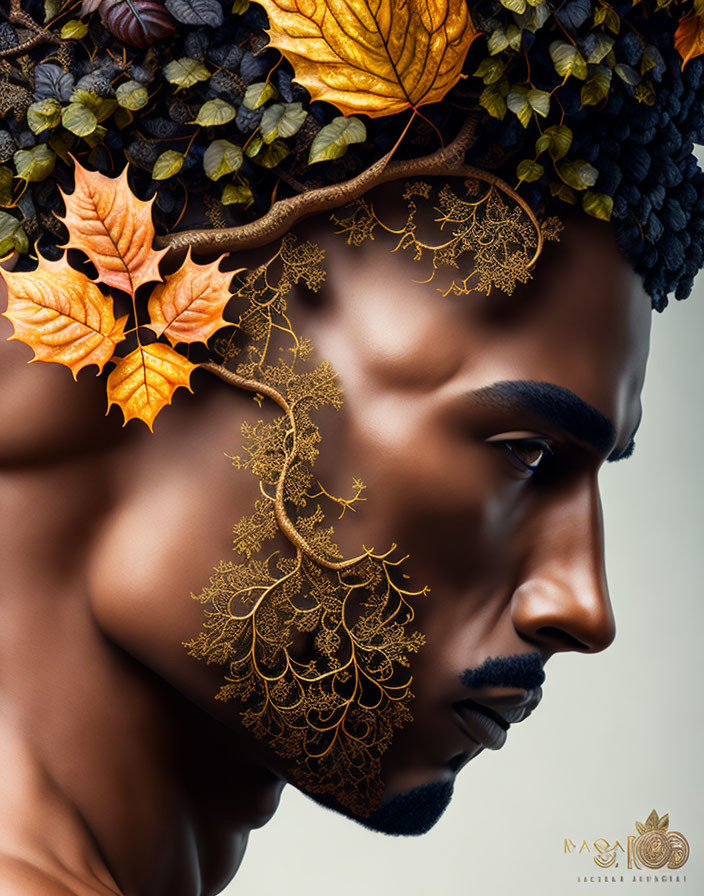 Profile view of person with metallic-gold tree branches on face, adorned with crown of leaves and grapes