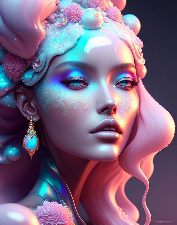 Vibrant blue and pink digital artwork of a woman with ornate accessories on gradient background