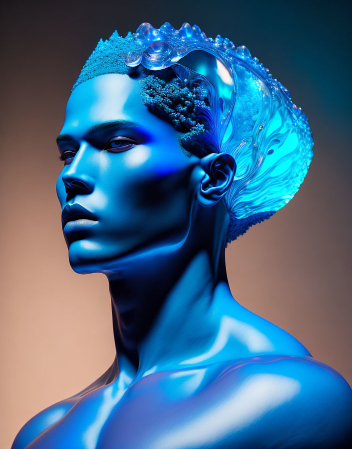 Portrait of Person with Blue Skin and Crystal-like Formation on Head