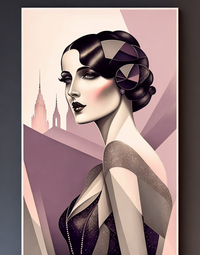 Art Deco Style Woman Illustration with Geometric City Background