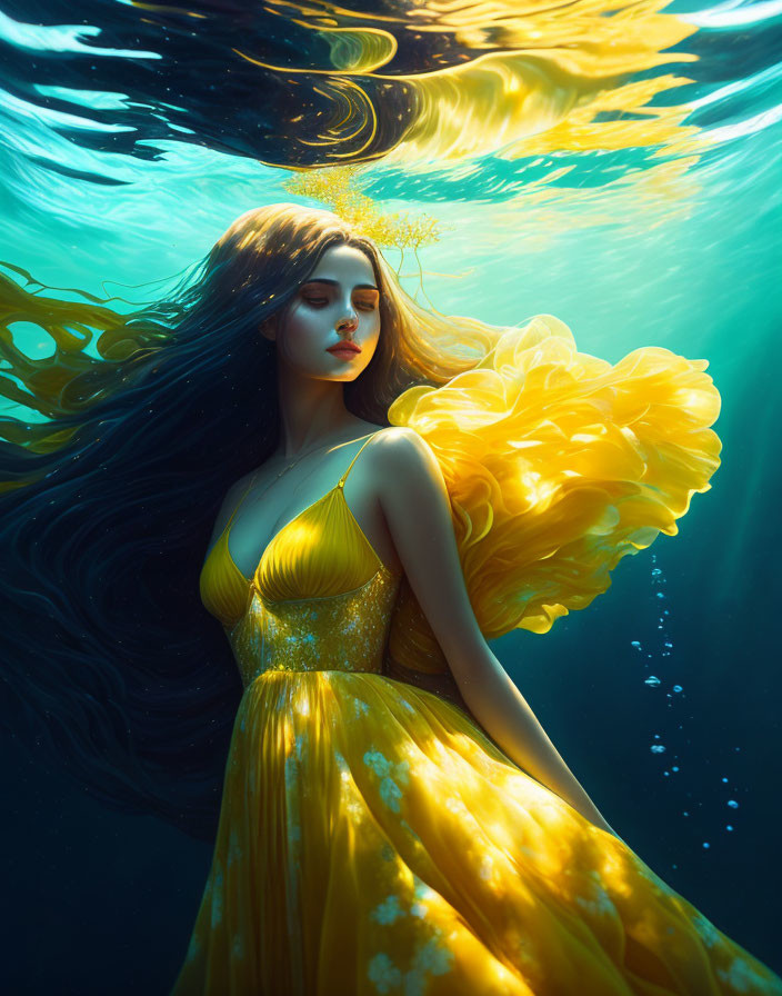 Woman in Yellow Dress Submerged Underwater with Sunlight Filtering