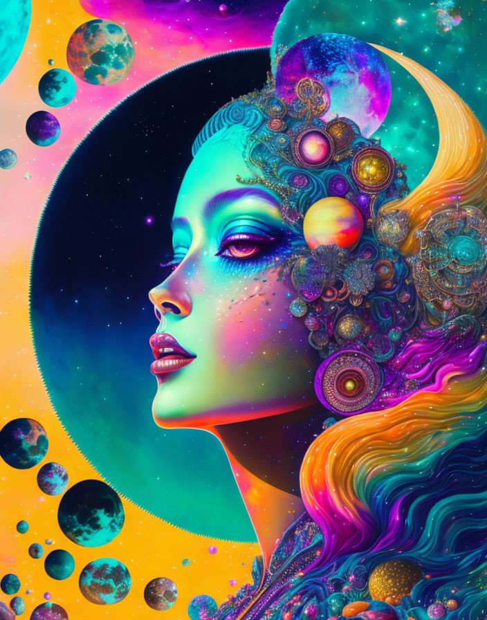 Vibrant cosmic portrait of a woman with colorful hair and ornate headdress