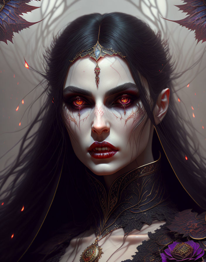 Gothic fantasy figure with red eyes and ornate headdress