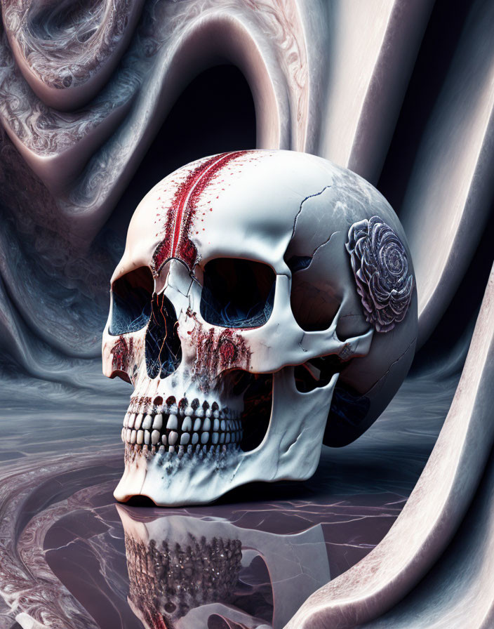 Cracked human skull with red streak on abstract grey background