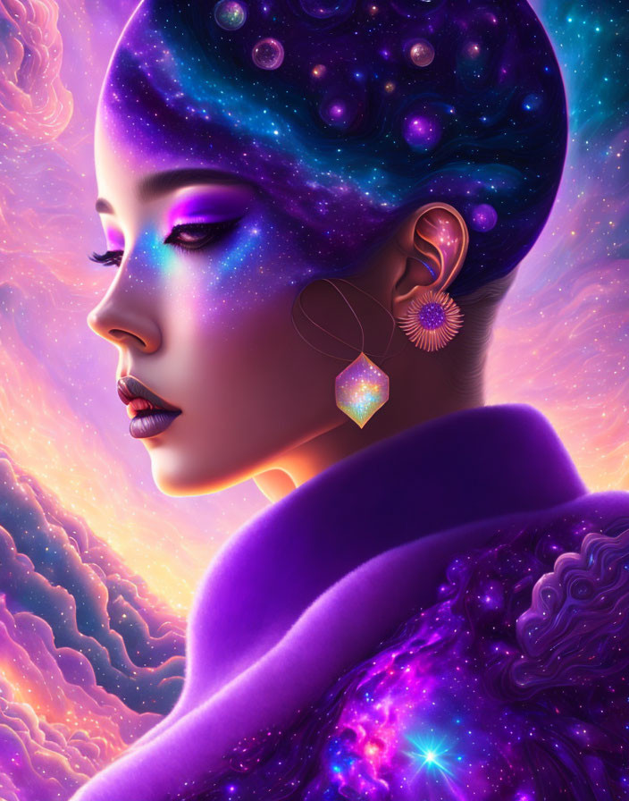 Digital artwork of woman with cosmic-themed complexion and star-filled hair against vibrant nebula background