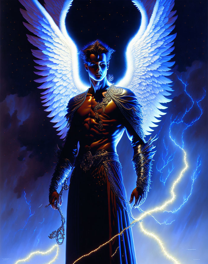 Majestic figure with luminous wings in dark armor against cosmic backdrop