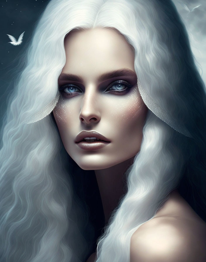 Digital illustration of woman with blue eyes, white hair, pale skin, and fantasy makeup