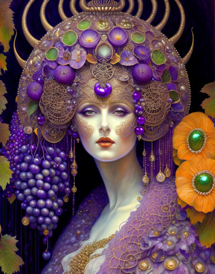 Intricate Artwork of Woman with Gold and Purple Headdress