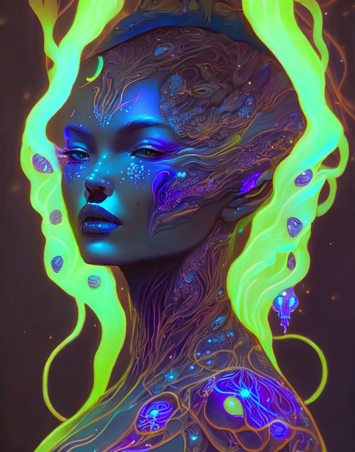 Vibrant digital artwork: Female figure with neon contours and intricate patterns